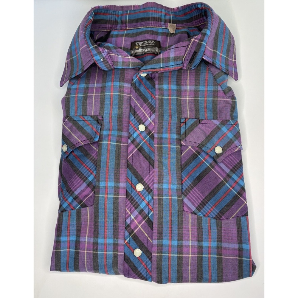 Outlaw Western Wear‎ Pearl Snap Shirt Purple Plaid Short Sleeve Mens Size XLT